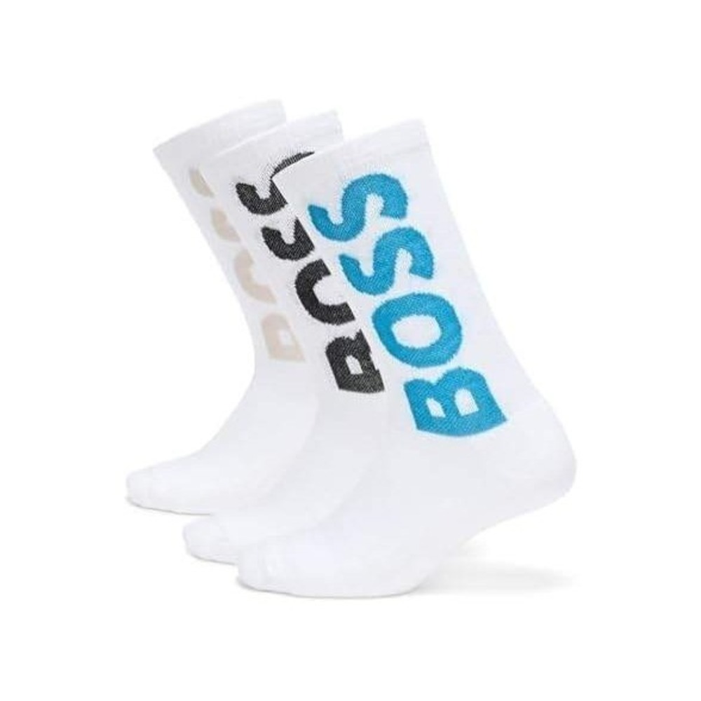 Hugo Boss Mens 3-Pack RS Design Logo Crew Socks White Blue Black Tan 50492471